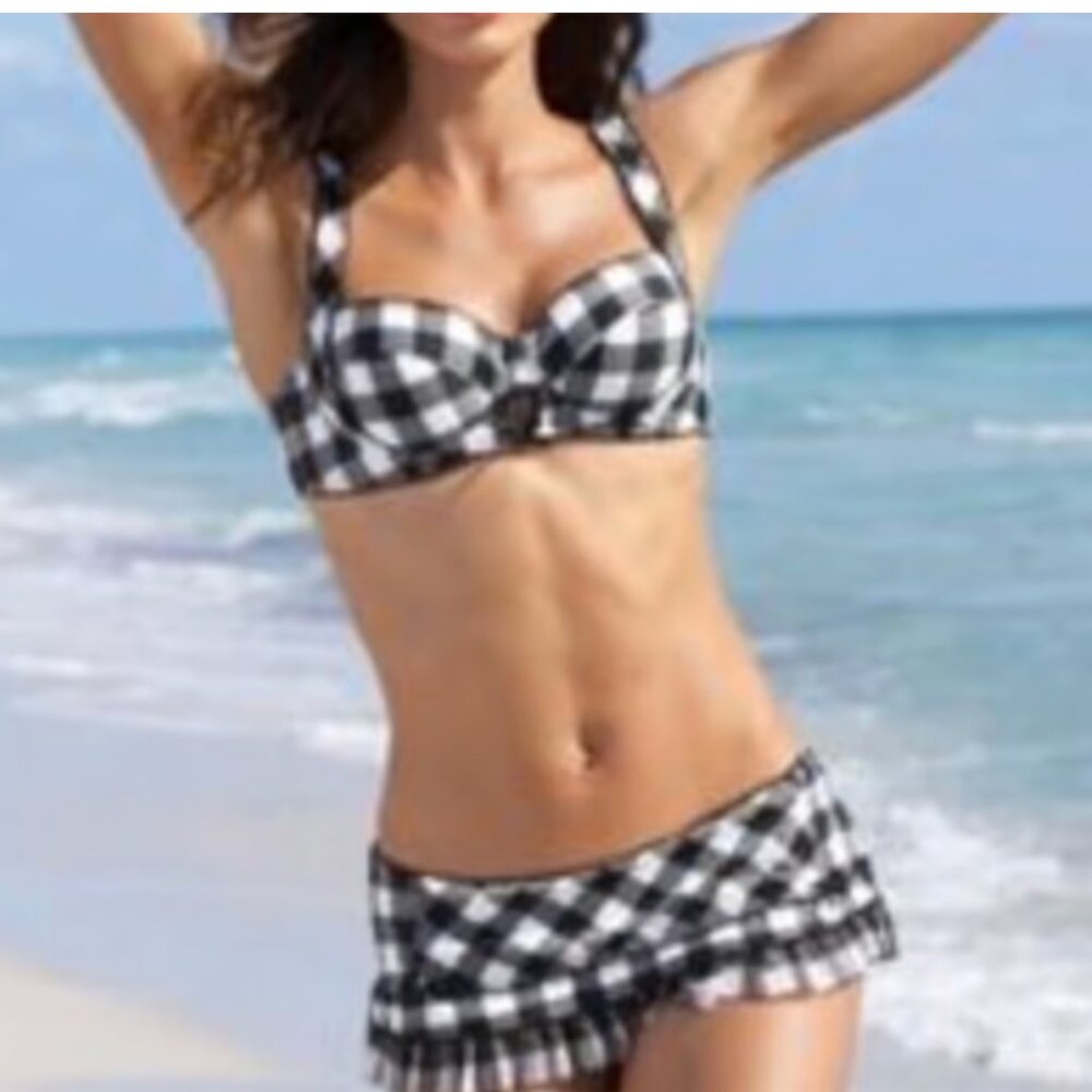 Betsey Johnson Black/White Patty Cake Gingham Skirted Bikini Set